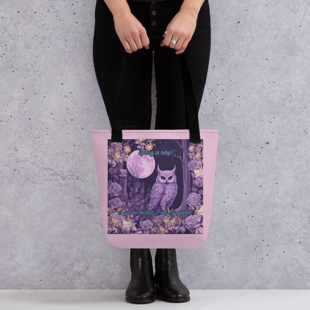 Wet my plants, pink background Owl, tote bag
