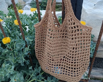 Tote Bag Gepersonaliseerd, Papieren Raffia Gehaakte Tas, Duurzame boodschappentas, Zomertas, Handgemaakte Boho tas, Strandmode Tas