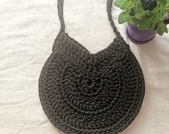 Crochet bag, Round bag, Knit handbag, Shoulder bag, Black  Bag,  Casual rope bag, Woven bag,  Handmade bag, Gothic Bag