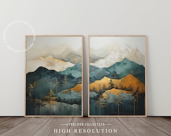 Abstrakte Landschaftsmalerei mit Bergen und Bäumen, 2er Set druckbare Wandkunst, Minimalistisch Elegant, Chinesische Kunst Gold Grün | J-2