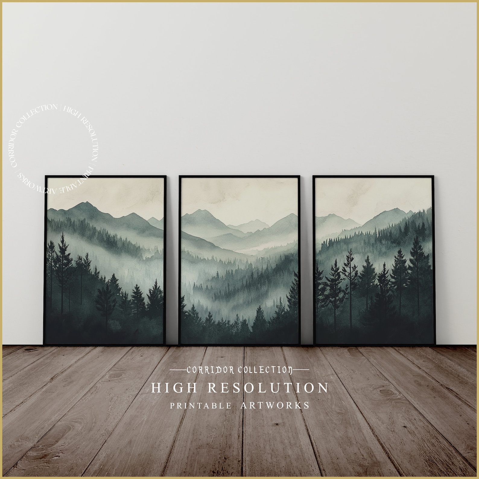 Modern Mountain Landscape Wall Art, Watercolor Forest Set of 3 Prints ...