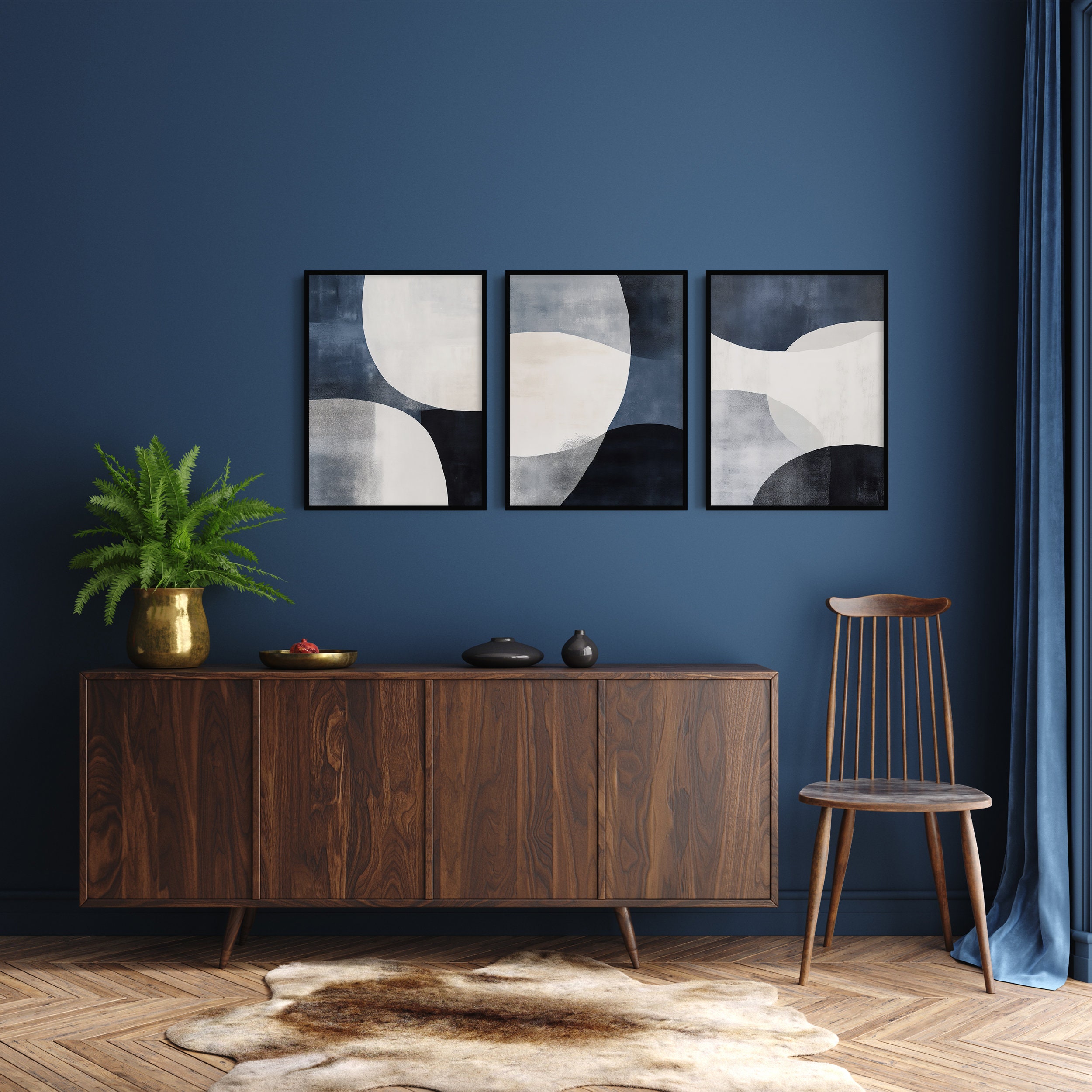 Navy Blue Abstract Art, 3 Piece Printable Wall Art, Set of 3 Minimalist ...