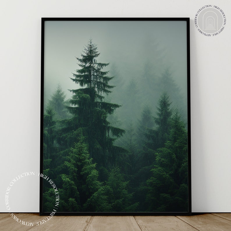 Green Misty Forest Print , Printable Wall Art, Foggy Coniferous Tree ...