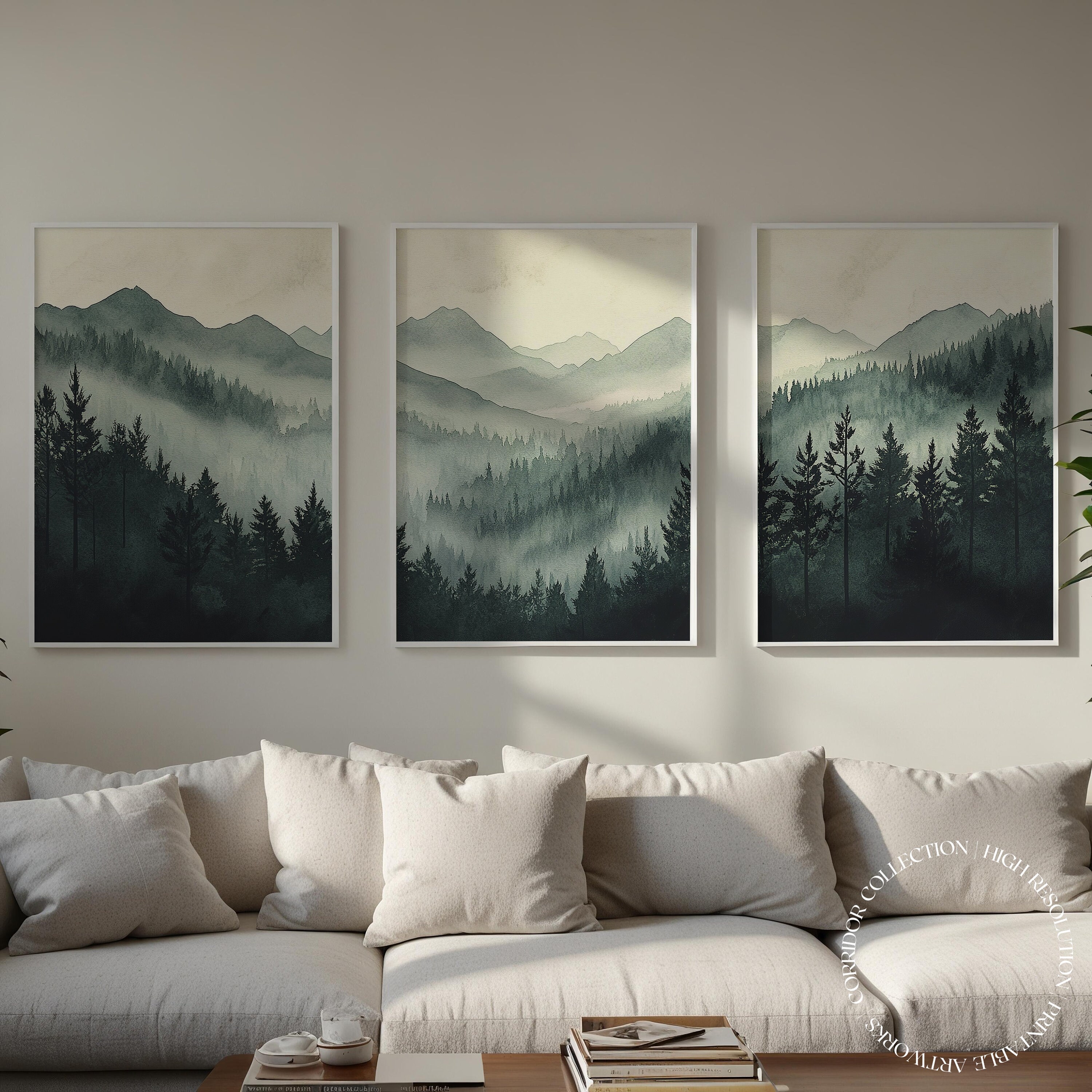 Modern Mountain Landscape Wall Art, Watercolor Forest Set of 3 Prints ...