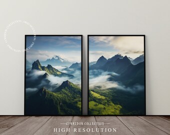 Foggy Mountain Print, Set of 2 Printable Wall Art, Misty Mountains Wall Art,  Mountain Landscape Photo, 2 Piece Green Mountainscape Set