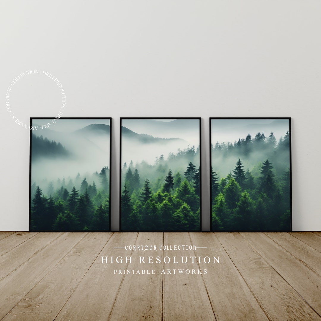 Minimalist Set of 3 Green Misty Mountain Forest Prints main image 0