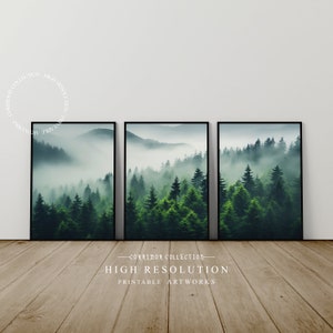 Floresta nebulosa verde, conjunto de 3 artes de parede para impressão, paisagem nebulosa da natureza, decoração moderna minimalista, download digital para impressão | D-15