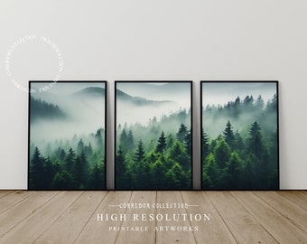 Può includere: Tre stampe incorniciate di una scena di foresta nebbiosa con alti alberi verdi. Le stampe sono disposte in fila su un pavimento di legno. Il testo "CORRIDOR COLLECTION HIGH RESOLUTION PRINTABLE ARTWORKS" si trova sotto le stampe.