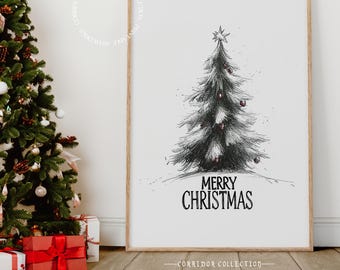 Frohe Weihnachten Wand Kunst Druck, Weihnachtsbaum Skizze, Festliche Feiertage Dekor, Weihnachtsgeschenk, Weihnachtsgeschenk, Digital Download N117