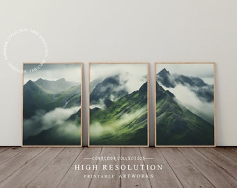 Foggy Mountain Print, Set of 3 Printable Wall Art, Misty Mountains Wall Art,  3 Piece Green Mountainscape Set, Cloudy Mountain Landscape A17