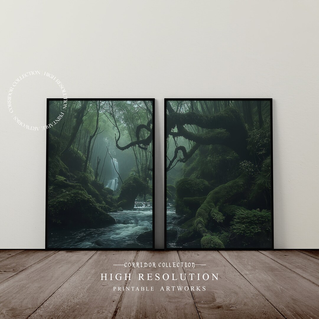 Misty Rain Forest Print, Set of 2 Enchanted Forest Wall Art, Misty ...