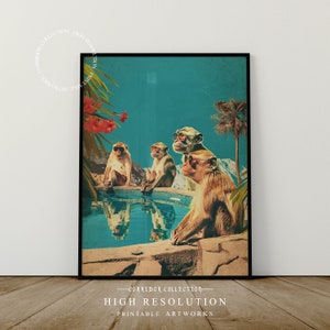 Monkeys at the Pool College Art Print,  Surreal Printable Wall Art, Summer Vibes Poster Print, 60s Vintage Retro Print, Digital Download