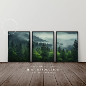 Grüner Nebelwald, 3er Set druckbare Wandkunst, Natur Neblig Landschaft, Minimalistisch Modernes Dekor, digitaler Download Druck | D14