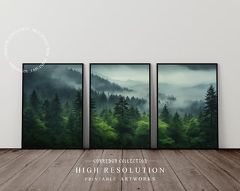 Foresta nebbiosa verde, set di 3 decorazioni murali stampabili, paesaggio nebbioso naturale, arredamento moderno minimalista, stampa download digitale | D14