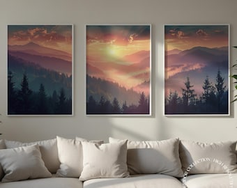 Misty Mountains Sunset, Set of 3 Prints, Forest Landscape Wall Art, Nature Inspired Home Decor, Printable Wall Art, Digital Download