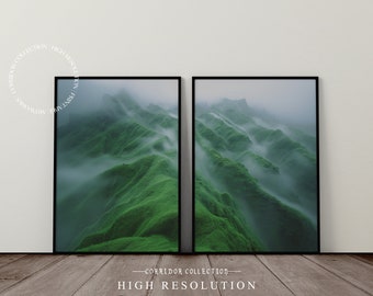 Japanese Foggy Mountain Print, Set of 2 Printable Wall Art, Misty Mountains Wall Art,  Taiwan Mountain Landscape Photo 2 Piece Print Set J18