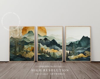 Abstract Full Moon Mountain Painting, Set of 3 Printable Wall Art, Minimalist Landscape Art, Asian Art Tree, Chinese Art, Digital Download