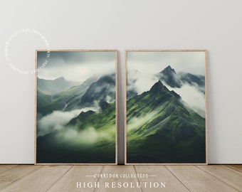 Foggy Mountain Print, Set of 2 Printable Wall Art, Misty Mountains Wall Art,  2 Piece Green Mountainscape Set, Cloudy Mountain Landscape J15