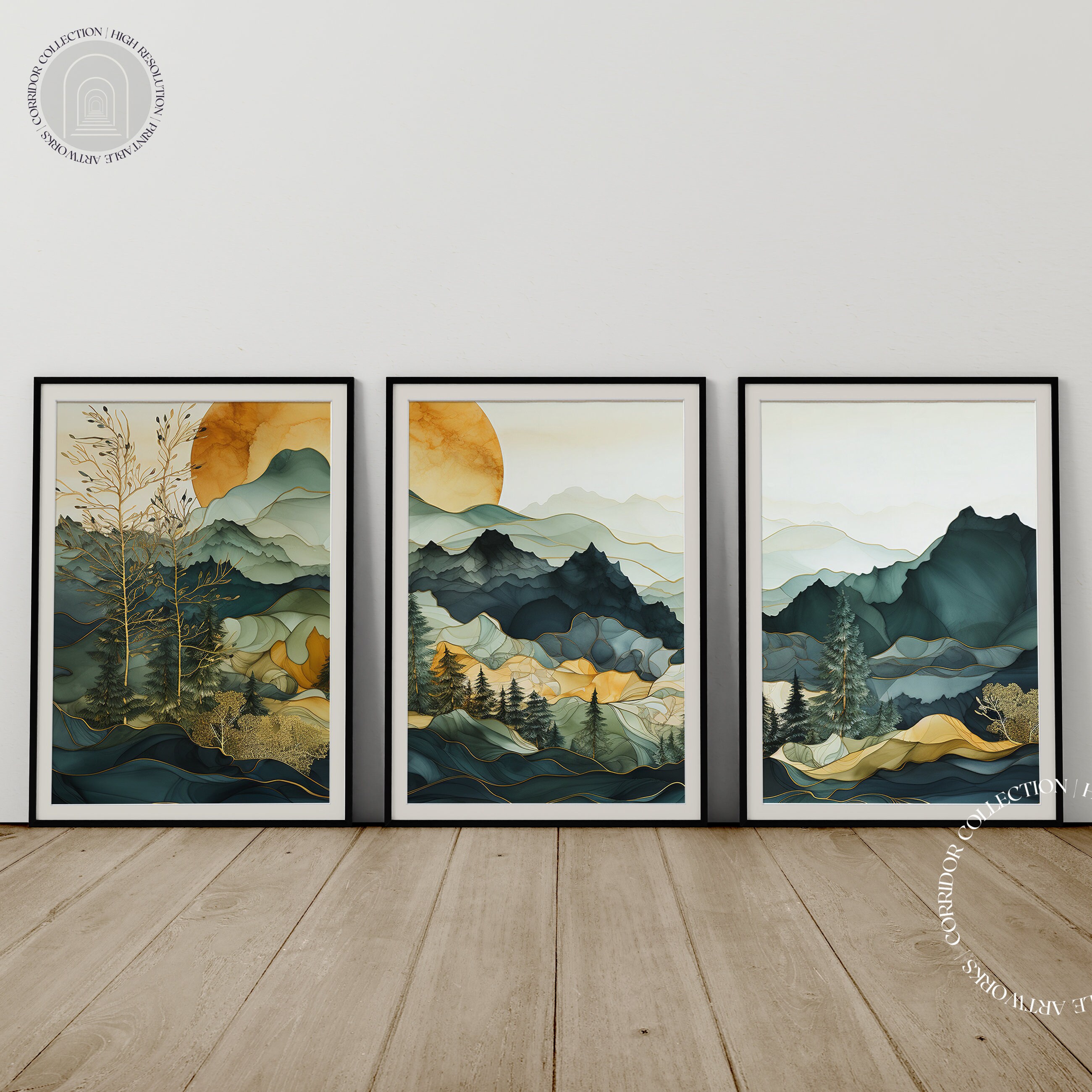 Abstract Full Moon Mountain Painting, Set of 3 Printable Wall Art ...