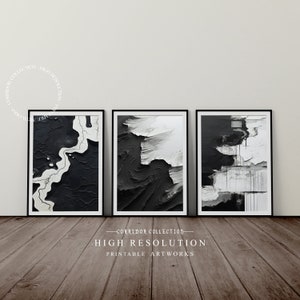 May include: Three black and white abstract art prints in black frames, with the text "CORRIDOR COLLECTION HIGH RESOLUTION PRINTABLE ARTWORKS" below the frames.