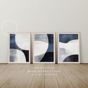 Marineblaue Abstrakte Kunst, 3er Set Druckbare Wandkunst, Wellenmuster, Minimalistische große Kunst, Zimmer Dekor, Digitaler Download | D-5