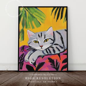 Vibrant cat wall art, colorful cat print, cat painting, sleeping cat art, cat decor, unique cat print, feline artwork, Digital Download D28