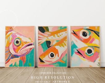Lebendiges Fisch-Wandkunst Set, bunte Fisch-Kunstdrucke, Meeresleben Dekor, Küsten-Wandkunst-Set mit 3 Drucken, digitaler Download O11