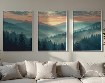 Nature Landscape Printable Wall Art Set of 3, Sunset Mountain Forest Wall Decor, Triptych Print, Modern Home Decor, Living Room Picture