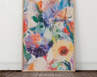 Colorful Abstract Flower Print, Floral Printable Retro Wall Art, Modern Floral Painting Decor, Living Room Decor, Digital Download, 5J4