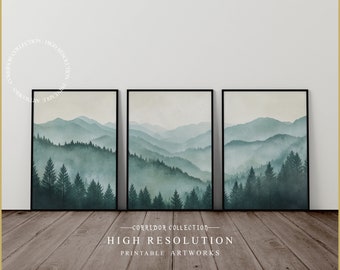Set of 3 Watercolor Printable Wall Art, Mountain Forest Landscape, Minimalist Nature Print Set, Modern Home Decor