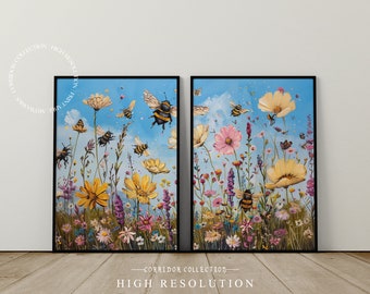 Nursery Flowers and Bees Print, Colorful 2 Piece Child Room Wall Art, Set of 2 Flower Kids Room Wall Decor, Digital Download | A-2