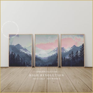 Mountain Landscape Calm Serenity Wall Art Set of 3, Watercolor Mountain Triptych, Printable Wall Art Home Decor, Nature Wall Art