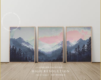 Mountain Landscape Calm Serenity Wall Art Set of 3, Watercolor Mountain Triptych, Printable Wall Art Home Decor, Nature Wall Art