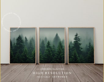 Può includere: Tre stampe incorniciate di una scena di foresta nebbiosa con alti alberi sempreverdi. Le stampe sono disposte in fila su un pavimento di legno. Il testo "CORRIDOR COLLECTION HIGH RESOLUTION PRINTABLE ARTWORKS" è sotto le stampe.