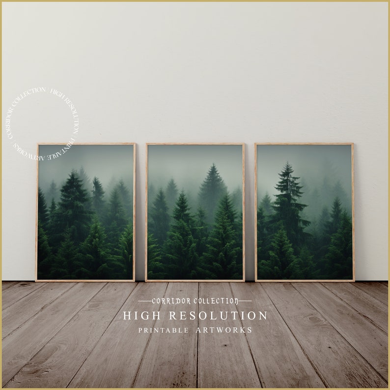 K&ouml;nnte beinhalten: Drei gerahmte Drucke einer nebeligen Waldszene mit hohen immergr&uuml;nen B&auml;umen. Die Drucke sind in einer Reihe auf einem Holzboden angeordnet. Der Text "CORRIDOR COLLECTION HIGH RESOLUTION PRINTABLE ARTWORKS" befindet sich unter den Drucken.
