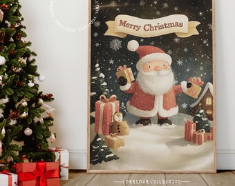 Arte de pared de Papá Noel con feliz Navidad, linda escena navideña de invierno, impresión festiva, regalo de decoración para Navidad, descarga digital N123