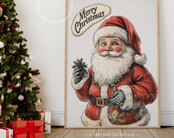 Niedliche Vintage Weihnachtsmann Weihnachtswand Kunst, Frohe Weihnachten Urlaub Dekor, Klassische Festliche Druck, Weihnachtsmann Skizze, Digital Download N137