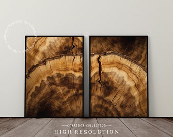 Holzschnitt Baumscheiben Druck, 2er Set Druckbare Wandkunst, Minimalistischer Baumring Druck, Baumstamm Kunstdruck, Digitaler Download |J-22