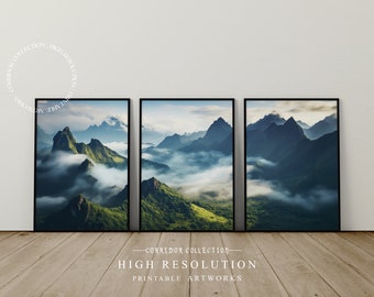 Può includere: Tre stampe incorniciate di un paesaggio montano con nuvole e nebbia. Le stampe sono in cornici nere e sono disposte in fila su un pavimento di legno. Il testo "CORRIDOR COLLECTION HIGH RESOLUTION PRINTABLE ARTWORKS" è sotto le stampe.
