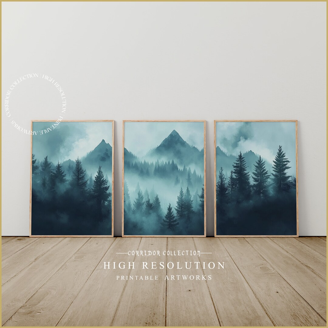 Mountain Forest Wall Art, Misty Landscape Prints, Set of 3 Printable ...