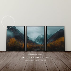 Neblige Herbst Berge, 3er Set druckbare Wandkunst, Nebelige Alpen Berglandschaft, Minimalistisch Modernes Dekor, Digitale Kunst | J9