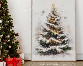 Weihnachtsbaum Wandkunst, Aquarell Weihnachtskunst, Festliche Urlaub Dekor, Winter Wunderland Druck, Weihnachten Wohnkultur, digitaler Download N136
