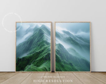 Foggy Mountain Print, Set of 2 Printable Wall Art, Misty Mountains Wall Art,  Taiwan Japanese Mountain Landscape Photo 2 Piece Print Set J17