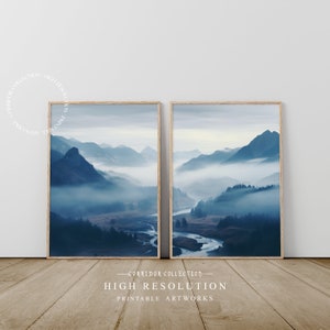 Arte de parede de paisagem de montanha enevoada, conjunto de 2 artes de parede para impressão, impressão de montanha enevoada, decoração moderna minimalista, arte digital | J1