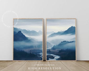 Foggy Mountain Print, Set of 2 Printable, Misty Mountains Wall Art,  Blue Mountain Landscape Photo, 2 Piece Mountainscape Print Set J11
