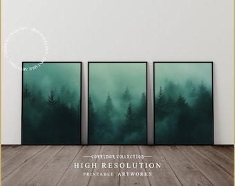 Nebliger Wald Wandkunst 3er-Set, grüne Natur zum Ausdrucken, neblige Waldkunst, nordische minimalistische Wohndekoration, A127