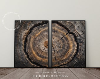 Holzschnitt Baumscheiben Druck, 2er Set Druckbare Wandkunst, Minimalistischer Baumring Druck, Baumstumpf Kunstdruck, Digitaler Download |F-5