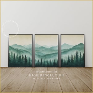 Green Forest Mountains Wall Art Set of 3, Mountain Landscape Printable Wall Art, Nature Themed Home Decor, Watercolor Art Prints