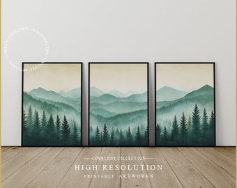 Green Forest Mountains Wall Art Set of 3, Mountain Landscape Printable Wall Art, Nature Themed Home Decor, Watercolor Art Prints