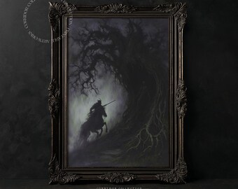 Dark Academia Ölgemälde Wandkunst, Gothic Dark Knight zu Pferd, mysteriöse unheimliche Baum Dekoration, Fantasy Kunstdruck, digitaler Download N120